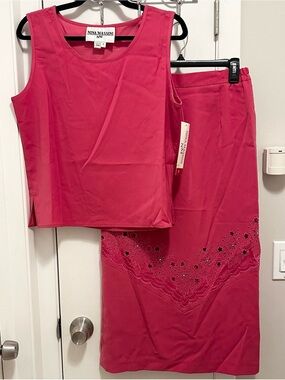 Nina Massini SAMPLE 2pc Set Outfit Beaded Cutout Skirt & Tank Top 8 Pink Fuchsia